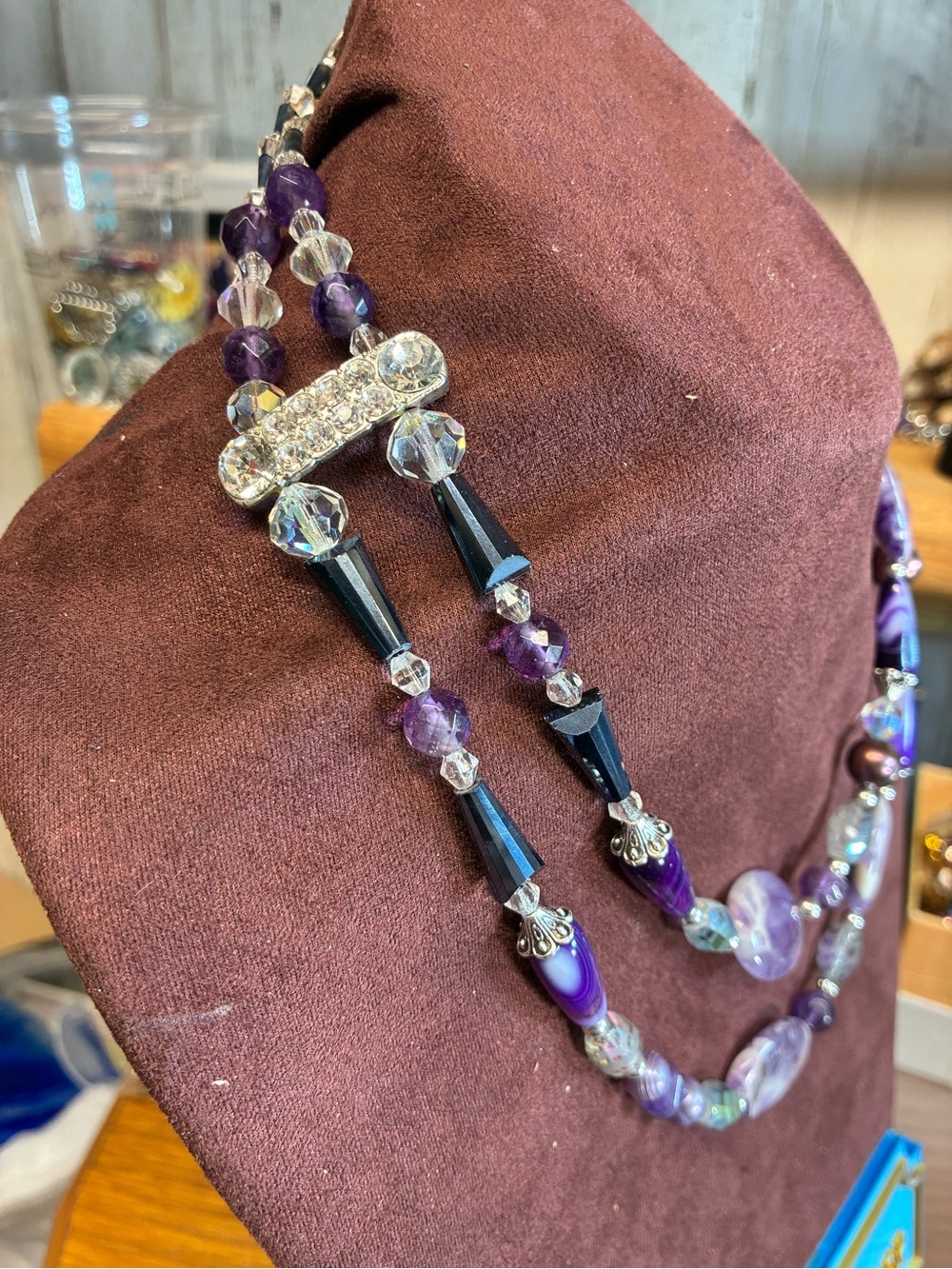 Handcrafted amethyst Beaded Double-Strand Statement Necklace - Picture 3 of 3